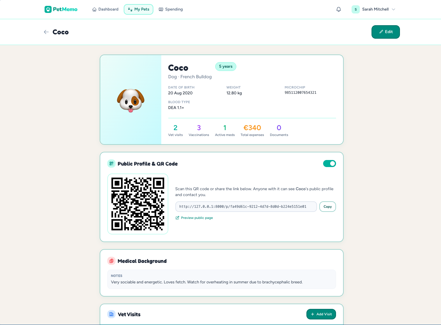 The Public Profile & QR Code section on Coco's pet page
